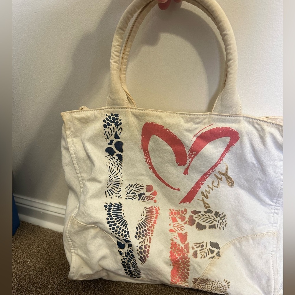 Juicy Couture Cream Tote with Pink Heart and Navy Stencil Accents